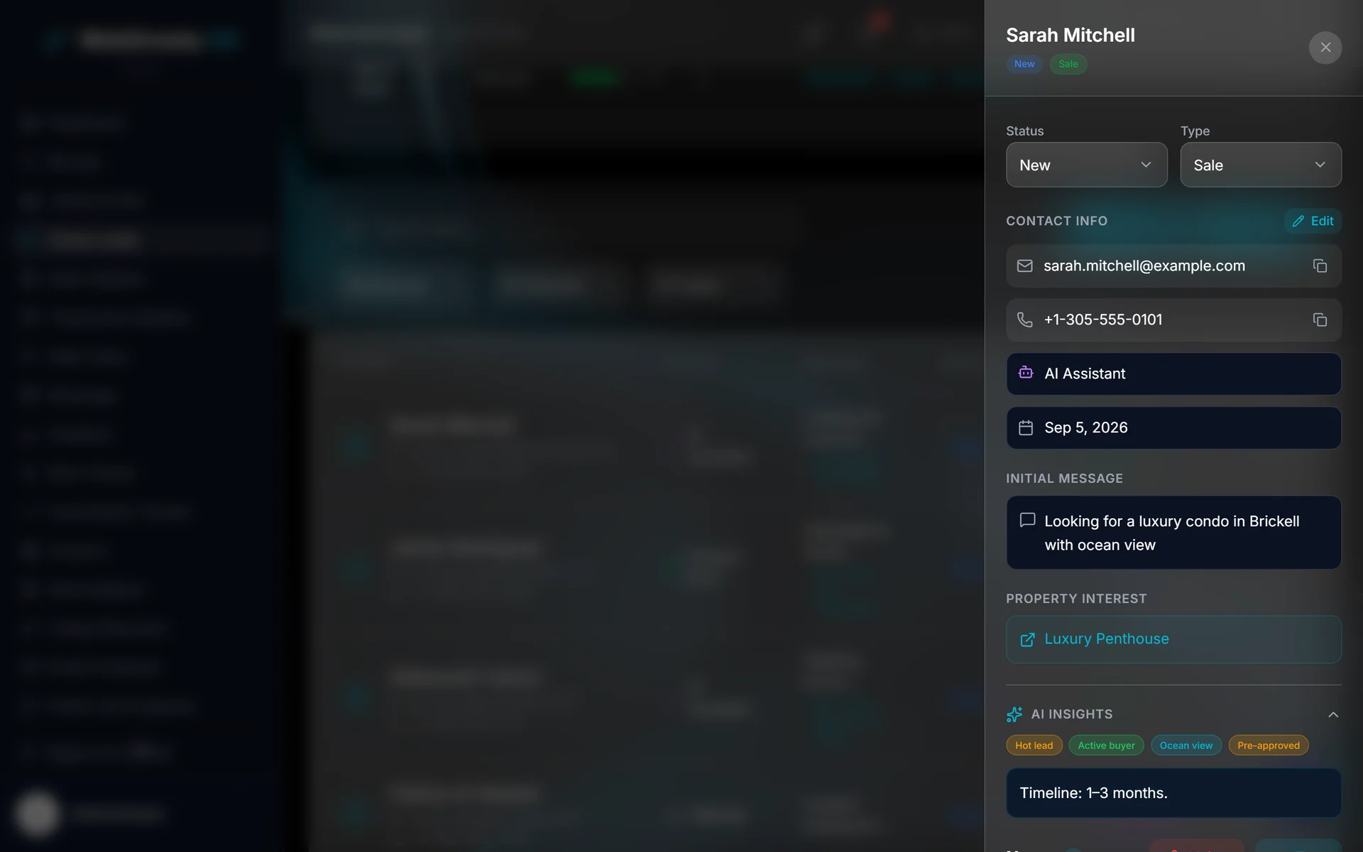 Real screenshot of a lead record in the WebGrowly OS live demo: contact details, the AI assistant as the source, the first message, the property of interest, and AI insights, with sample data.